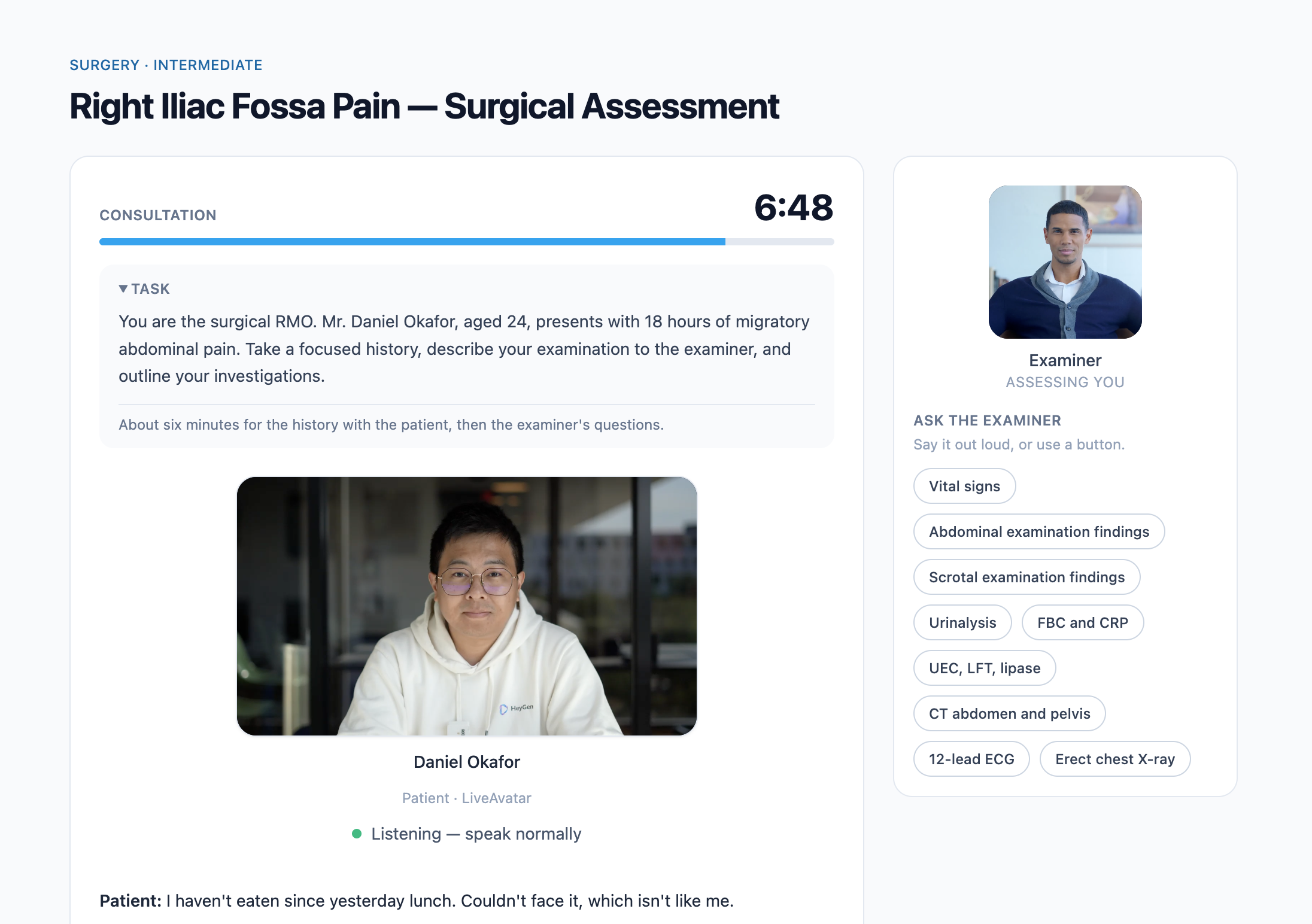 A station in progress: a surgical assessment stem with a 6:48 countdown, the voice patient on camera, and the examiner panel offering examination findings and investigations.